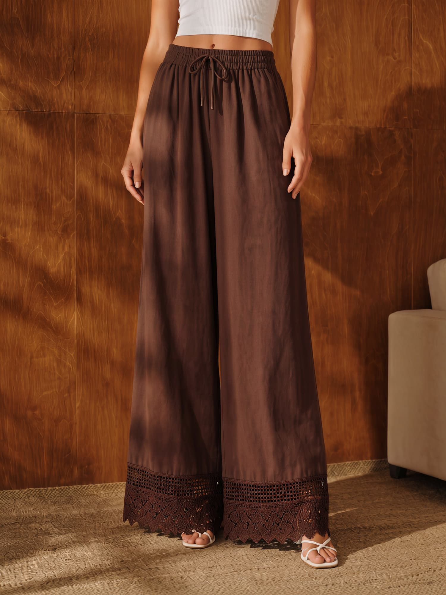 Soft Wide-Leg Lace Hem Pants